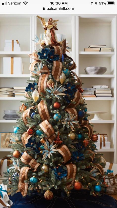 My next Christmas tree Fall Tree Decorations Decorating Ideas, Copper Christmas Decor, Teal Christmas Tree, Turquoise Christmas Tree, Orange Christmas Tree, Blue Spruce Tree, Teal Christmas, Copper Christmas, Turquoise Christmas