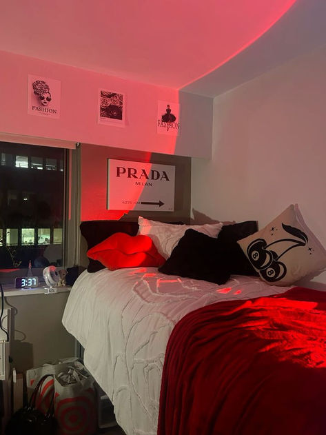 #explore #explorepage #red #lights #decor #roomdecor #homedecor #college #design #inspired Room With No Headboard, Red And Grey Room Ideas, Black White And Red Dorm Room, Red Black And White Dorm Room Ideas, White And Red Bedroom Aesthetic, Red Theme Room Bedrooms, Red Dorm Aesthetic, Red Room Ideas Aesthetic, Red And Pink Dorm Room