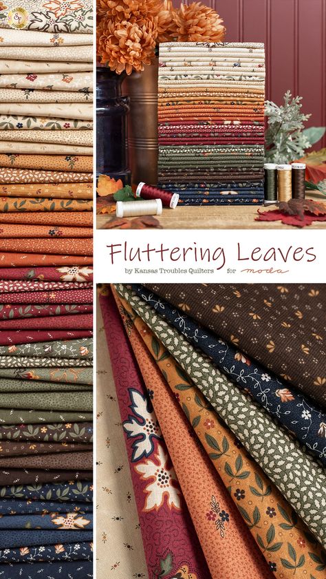 Fluttering Leaves from Moda Fabrics by Kansas Troubles is a fun twist on fall fabric prints, sprinkled with florals, leaves, and geometric prints in cozy earth tones. 100% Cotton. This collection will be available for purchase as yardage and fabric precuts, including fat quarter sets, charm packs, mini charm packs, layer cakes and jelly rolls. Fall Colors Quilt, Kansas Troubles Quilts, Fall Fabric Crafts, Earth Tone Quilt, Moda Fabric Collections, Backing A Quilt, Reproduction Fabrics, Fall Sewing Projects, Free Quilting Patterns