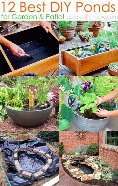 12 best DIY pond ideas & tutorials, from easy kits for small garden & patio water feature to beautiful backyard waterfall with plants & fish! - A Piece of Rainbow, outdoor projects, fountain, landscaping, gardening, curb appeal, landscape design, summer, koi ponds, #gardendesign #landscaping #gardenpath #gardens #gardening #curbappeal #landscape #diy Patio Water Garden Ideas, Landscape Around Pond Ideas, Easy Backyard Pond, Backyard Water Features Diy, Small Water Ponds Ideas, Diy Pond With Fountain, Water Feature With Plants, Pond In The Garden, Small Backyard Pond Ideas Diy