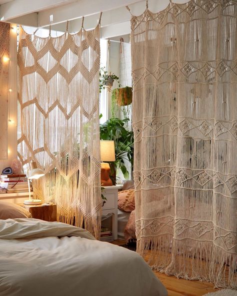 Urban Outfitters Home on Instagram: “Makes a perfect room divider #UOHome” Indian Apartment, Relaxing Home Decor, Macrame Curtains, Macrame Door Curtain, Urban Outfitters Home, Bohemian Room, Apartment Decoration, Loft Room, Bohemian Bedroom Decor