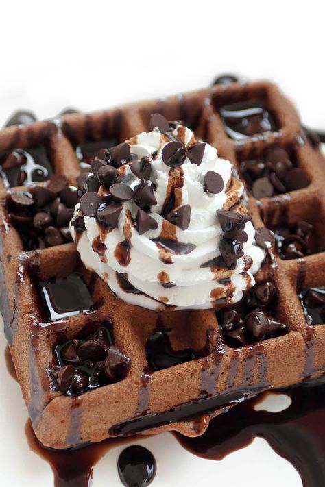 Chocolate Fudge Brownie Waffles - If you love chocolate, why not combine two of your favorites into one delicious treat. Brownie waffles can be served for breakfast or dessert. | CDKitchen.com Waffle Iron Brownies, Waffle Mix Recipes, Brownie Waffles, Belgian Waffles Recipe, Chocolate Waffles, Waffles Recipe, Chocolate Fudge Brownies, Fudge Brownie, Kinds Of Desserts