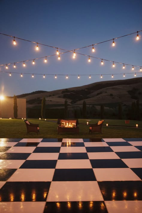 Checkerboard Dance Floor, Dance Floor Ideas, Wedding Reception Dance Floor, Light Up Dance Floor, Outdoor Dance Floors, Dance Floor Lighting, Wedding Dance Floor, Backyard Wedding Lighting, Reception Backdrop