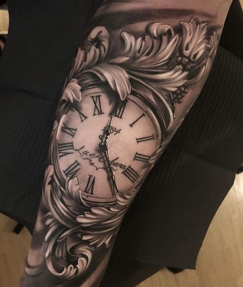 Tatto Clock, Clock Tattoo Sleeve, Pocket Watch Tattoo Design, Watch Tattoo Design, Pocket Watch Tattoos, Cool Shoulder Tattoos, Filigree Tattoo, Half Sleeve Tattoos Drawings, Tattoo Lettering Styles