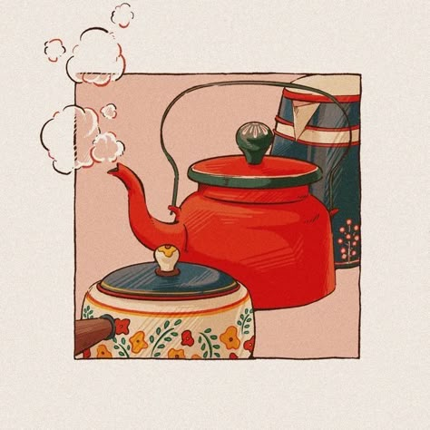 Japan Illustration, Arte Do Kawaii, Arte Sketchbook, Food Illustration, Tea Kettle, Whimsical Art, Illustration Inspiration, Drawing Inspo, 그림 그리기