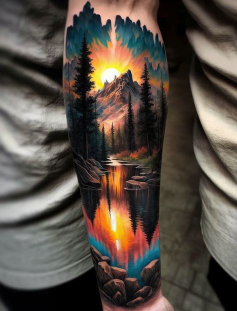 Want more tattoo ideas? ☕️ Support me 👉 buymeacoffee.com/29tattoolab Colourful Mountain Tattoo, Arm Tattoo Men Color, Color Forest Tattoo, Men Color Tattoo Ideas, Sunset Sleeve Tattoo, Colorful Mountain Tattoo, Colorful Tattoos For Men, Color Sleeve Tattoos For Men, Fire Tattoos For Women