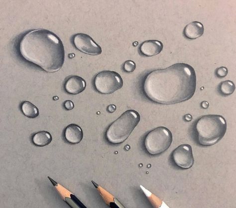 Realistic Raindrop Drawing, Water Drops Drawing Pencil, How To Draw Water Drops, Charcoal Lessons, Raindrop Drawing, Water Drop Drawing, Hatch Drawing, Bubble Drawing, Prismacolor Art