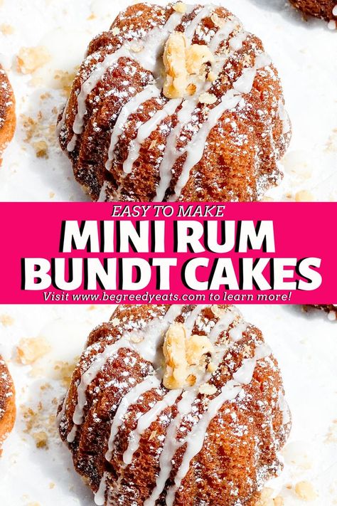 Your favorite Rum Cake Dessert just miniaturized! These Mini Rum Bundt Cakes are moist, buttery, and filled with flavor. With a decadent rum and butter glaze, these mini bundt cakes are sure to make you holler! They are the perfect dessert for any occasion! Mini Bunt Cake, Bunt Cake Recipe, Mini Bundt Cakes Recipes, Easy Bundt Cake Recipes, Easy Bundt Cake, Rum Cake Recipe, Butter Glaze, Mini Bundt, Mini Bundt Cakes