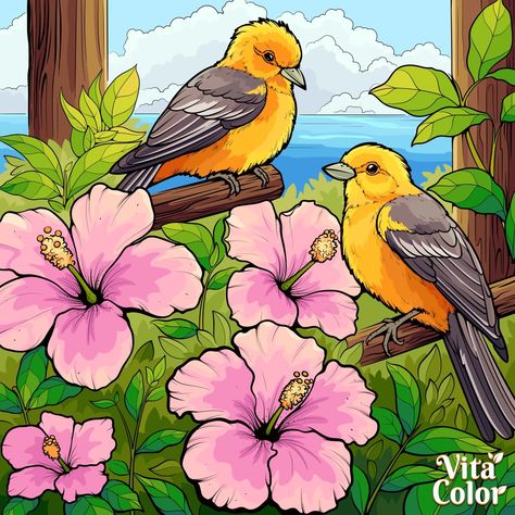 Beautiful Scenery Drawing, Couple Birds, Easy Scenery Drawing, Love Birds Painting, Color Day, Buddhist Art Drawing, Parrots Art, Boho Art Drawings, Nature Art Prints