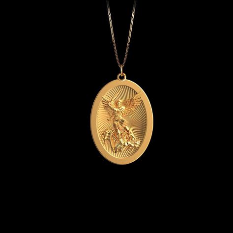 Embrace divine protection with the Gold St. Michael Pendant. Crafted in radiant Gold, this pendant features St. Michael, the archangel known for his role as a protector and warrior. The intricate design highlights his iconic image, making it a powerful accessory for those seeking a symbol of strength and guidance. 𝗣𝗲𝗻𝗱𝗮𝗻𝘁 𝗱𝗲𝘁𝗮𝗶𝗹𝘀 This pendant is crafted in real solid gold. * Made in USA * 𝗛𝗲𝗶𝗴𝗵𝘁: 1.2" (30.5 mm) x 𝗪𝗶𝗱𝘁𝗵: 0.82" (21 mm)  *not including the bail dimensions * 𝗠𝗮𝘁𝗲𝗿𝗶𝗮𝗹: 14K and 18K solid gold * 𝗙𝗶𝗻𝗶𝘀𝗵: polished * 𝗪𝗲𝗶𝗴𝗵𝘁: Approximately 6 grams  * 𝗕𝗮𝗶𝗹: fits chains up to 4 mm thick * 𝗦𝗼𝗹𝗶𝗱: This pendant has a solid back (not hollow) * 𝗔𝘂𝘁𝗵𝗲𝗻𝘁𝗶𝗰𝗶𝘁𝘆: Each order includes a Certificate of Authenticity * 𝗣𝗮𝗰𝗸𝗮𝗴𝗶𝗻