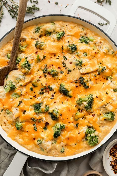 If you love our baked Chicken and Rice Casserole, then this is the easy dinner recipe for you! We've taken that classically good combination of cheese, chicken, broccoli, and rice that is so loved and turned it into a simple stovetop version made all in one skillet. Cheesy Chicken Skillet, Baked Chicken And Rice Casserole, Baked Chicken And Rice, Complete Meals, Broccoli And Rice, Chicken And Rice Casserole, Cheese Rice, Homemade Cheese Sauce, Chicken Skillet