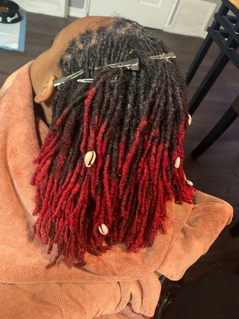 Red Ombre Locs Black Women, Locs With Red Tips, Red And Black Locs, Red And Black Dreads, Burgundy Dreadlocks, Dark Red Dreadlocks, Dreads Black Women, Red Dreadlocks, Red Locs