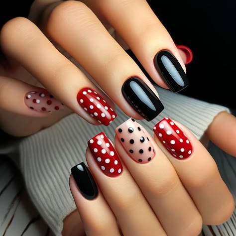 Power Nails Design, Red Pink Black Nails, Black Matte Nail Designs, Nails Red And Black, Rockabilly Nails, Pink Black Nails, Polka Dot Nail Designs, Pink Nail Art Designs, Blue Gel Nails