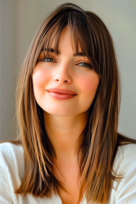 These 33 Stunning Straight Hairstyles Are Trending in 2024- #Beautiful #Hairstyles #straight #Trending Check more at https://howcandothis.com/hairstyleideas/these-33-stunning-straight-hairstyles-are-trending-in-2024/ Shoulder Length A Line Haircut, Long Brown Hair With Wispy Bangs, Medium With Bangs Shoulder Length, Lob With Face Framing Bangs, Straight Hair Bangs Layers, Long Bob With Bangs Straight Hair, Bangs To Cover Forehead Wrinkles, Straight Hair Styles With Bangs, Short Bangs Straight Hair