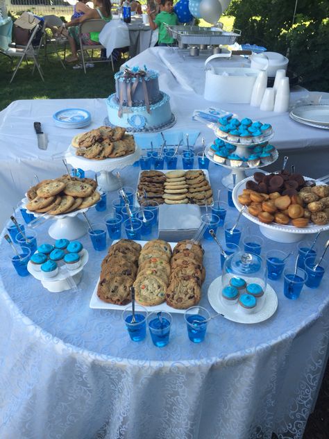 Dessert Table Ideas Easy, Babyshower Dessert Boy, Baby Shower Dessert Ideas For Boys, Baby Shower Food Table Decoration Ideas, Dessert Table Ideas Baby Shower Boy, Kids Birthday Dessert Table, Baby Shower Dessert Table Boy, Dessert Table Baby Shower Boy, Blue And White Dessert Table