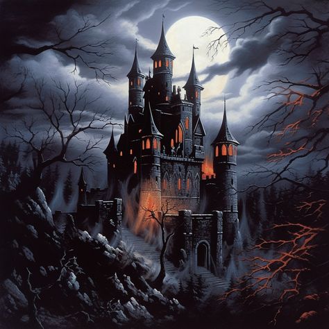 Evil Castle Concept Art, Movie Posters Background, 80s Dark Fantasy Art, Gothic Castle Aesthetic, Dark Fantasy Castle, Scary Castle, Haunted House Pictures, Demon Castle, Spooky Castles