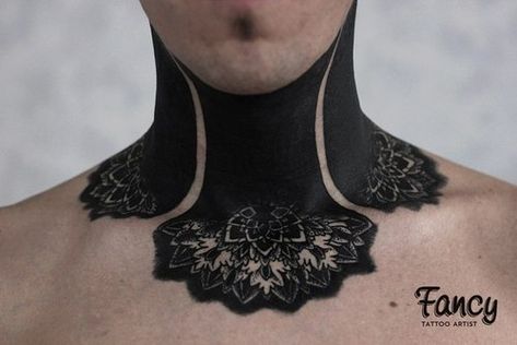 Ink Inspiration — Saskia Chowles Geometric Throat Tattoo, Full Neck Tattoos, Throat Tattoo, Blackout Tattoo, Neck Tattoo For Guys, Neck Tattoos, Cover Up Tattoos, Blackwork Tattoo, Piercing Tattoo