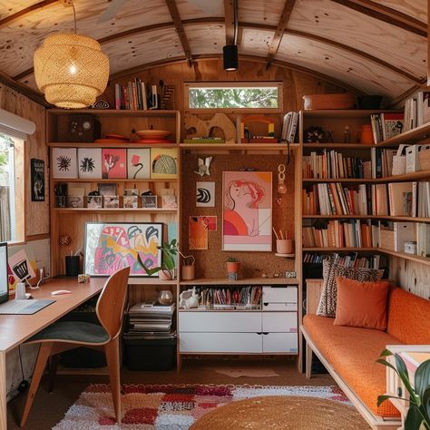 A cosy She Shed to sit, read and create 📚 #conceptart #interiordesign #aidesign #midjourneyinteriordesign #aiinteriordesign #interiordesignai #aiart #aiinspiration #aiinspiredart #homeofficedecor #homeofficegoals #homeofficedesk #mcmdesign #midcenturymodern #midjourneyart #sheshedesign #shesheddecor #studiodesign Guest Room Art Studio Combo, Tiny House Art Studio, Art Studio And Bedroom, She Shed Office Work Spaces, Illustrators Studio, Tiny Art Studio Space, She Shed Home Office, She Shed Office Ideas, She Shed Art Studio