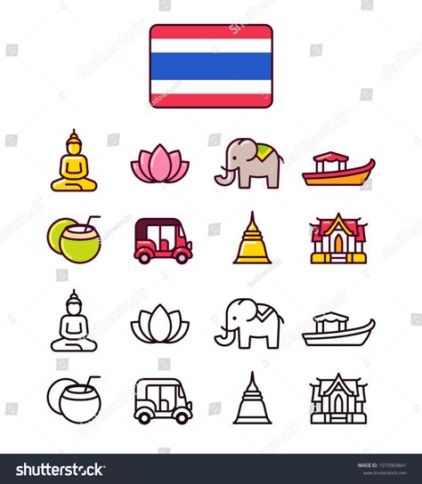 Thailand icons set. Traditional Thai national symbols. 2 styles, colored cartoon line icons and black outlines. #Ad , #Paid, #Traditional#Thai#national#Thailand Thai Symbols, Thailand Restaurant, Drawing Planner, Embroidery Pen, Thailand Flag, Thailand Map, Thailand Vacation, Thailand Art, Bazaar Ideas