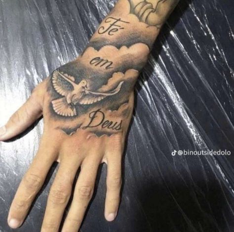 Angel Hand Tattoo, Golden Spiral Tattoo, Cross Tattoo On Hand, Memorial Tattoo Ideas, Tattoo Homme, Hand Tattoo Designs, Roots Tattoo, Chest Tattoo Ideas, Chest Hair