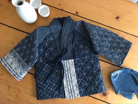 Handmade sashiko quilted jacket for toddler or child Sashiko Jacket Denim, Sashiko Jacket, Kimono Styles, Sashiko Embroidery, Indigo Shibori, Jacket Denim, Product Development, Field Jacket, Shibori