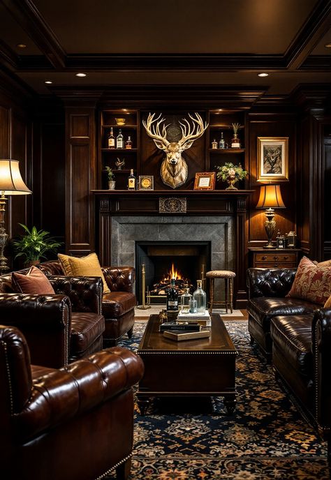 Old Money Living Room Old Money Homes, Old Money Living Room, Masculine Centerpieces, Traditional Home Offices, Speakeasy Decor, Man Cave Living Room, Masculine Living Rooms, Indian Houses, Living Room Classic