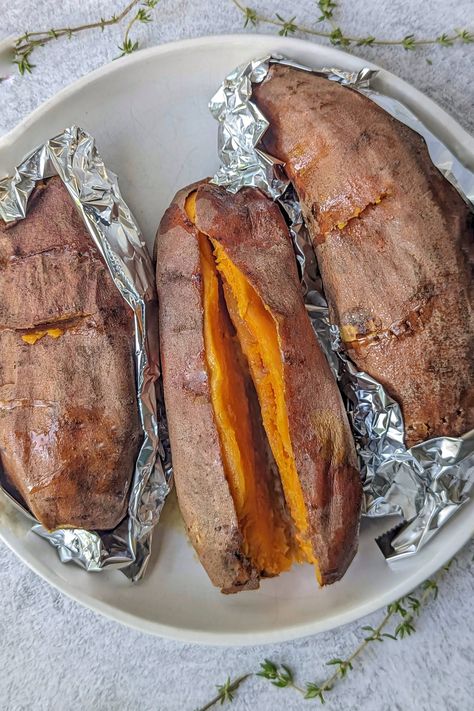 Grilled Sweet Potatoes in Foil 6 Grilled Sweet Potatoes In Foil, Sweet Potato Grill Recipes, Grill Sweet Potatoes, Foil Potatoes, Potato Calories, Grilled Sweet Potatoes, Leftover Potatoes, Sweet Potato Skins, Potato Skin