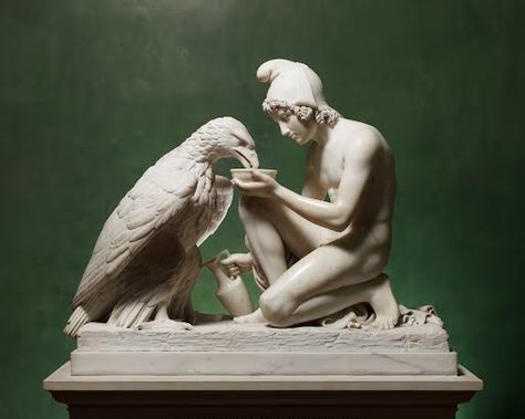 In Greek mythology the boy Ganymede was carried up into the sky, to the  home of the gods on Olympus to be the gods’ taster. According to legend it  was Zeus... Classic Greek Art, Hands Sculpture, Bertel Thorvaldsen, 3 Dimensional Art, Zeus Jupiter, The Greek Gods, Thunder God, Classical Sculpture, Fra Angelico