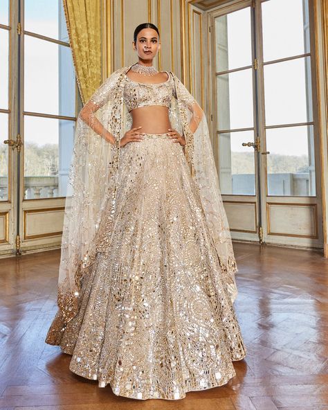 Seema Gujral designs this lehenga set that features intricate embroidery in rose gold thread and mirror. It is paired with an embroidered blouse and an all over jaal dupatta. Seema Gujral, Baju Kahwin, Gold Lehenga, Mirror Work Lehenga, Work Lehenga, Rose Gold Mirror, Wedding Lehenga, Lehenga Designs, Gold Thread