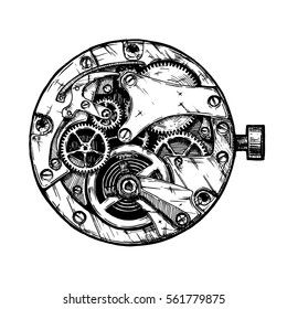 Vector ink hand drawn illustration of clockwork. Black and white. isolated on white. Steampunk Background, Gear Drawing, Clock Drawings, Basic Sketching, Watch Drawing, Old Pocket Watches, Sketchbook Drawings, Background Drawing, Old Clocks