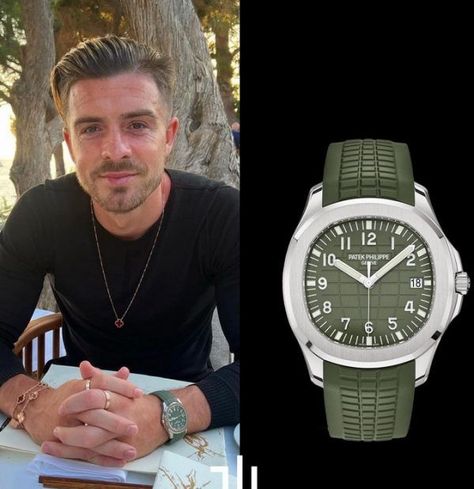 Jack Grealish of Manchester City in his latest posts was wearing a Patek Philippe Aquanaut 5168G ‘Green’ in 18k white gold. Measuring 42 mm, its case is larger than that of the 5167 (40mm). Gentleman Watch, Jack Grealish, Patek Philippe Aquanaut, Wrist Wear, Omega Seamaster, Patek Philippe, Khaki Green, Luxury Watch, Manchester City