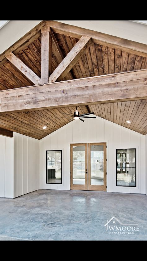 Barndominium Back Porch, Attic Airbnb, Barndominium Porch Ideas, White Barndominium Exterior, Barndominium Shop, White Barndominium, Wood Panel Ceiling, Metal Building House Plans, Barn Houses