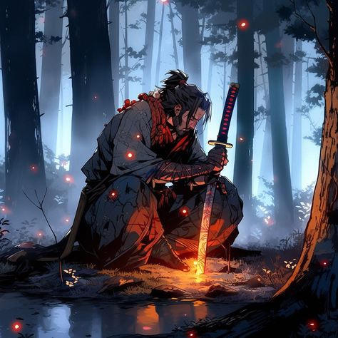 In the depths of the forest, a wounded ronin sits, his weary figure emanating an aura of quiet strength. Amidst the serene glow, he tends to his katana, its blade aglow, symbolizing his unyielding spirit and unwavering determination despite the battles he has faced. Ronin Art, Hxh Fanart, Guerriero Samurai, Japanese Art Samurai, Samurai Wallpaper, رورونوا زورو, Samurai Artwork, Japanese Warrior, Ghost Of Tsushima