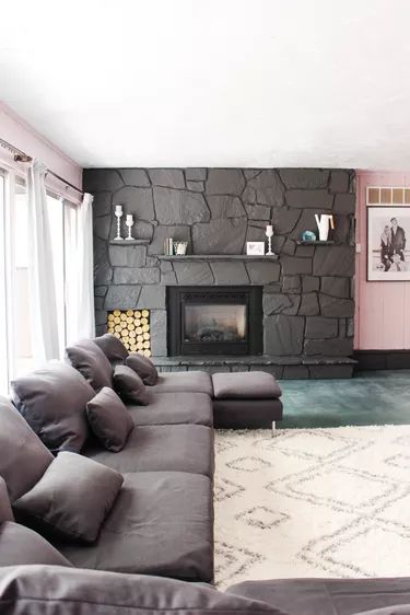 How to Update a Rock Fireplace By Using Paint | ehow Reface Rock Fireplace, Gray Rock Fireplace, 70s Stone Fireplace, Moss Rock Fireplace, Condo Fireplace, Mcm Fireplace, Painted Rock Fireplaces, Lava Rock Fireplace, Painting Fireplace