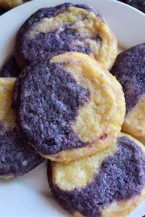 Lemon Blueberry Icebox Cookies Icebox Cookie Recipes, Blueberry Crinkle Cookies, Blueberry Sugar Cookies, Blueberry Lemon Cookies, Ice Box Cookies, Blueberry Cookies Recipes, Lemon Blueberry Cookies, Purple Cookies, Icebox Cookies