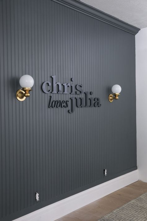 A Dark Beadboard Accent Wall in the office! - Chris Loves Julia Dark Beadboard, Beadboard Accent Wall, Julia Marcum, Beadboard Wall, Dark Accent Walls, Bead Board Walls, Black Feature Wall, Black Accent Walls, Cabinet Paint