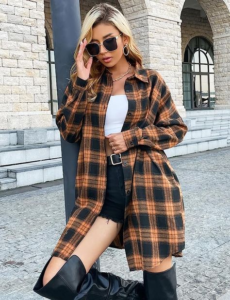 Long Tshirt Dress, Plaid Flannel Dress, Shirt Mini Dress, Buffalo Plaid Shirt, Plaid Shirt Women, Color Block Shirts, Plaid Shacket, Long Coat Jacket, Flannel Shirts