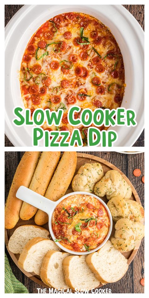 Simple and filled with delicious flavor, this slow cooker pizza dip is sure to be a family favorite. Not to mention, it makes for a great party dip too! With only 10 ingredients and a dump-and-go prep, you can't go wrong with giving this pizza dip recipe a try! - The Magical Slow Cooker Crockpot Ricotta Dip, Crockpot Pizza Dip With Cream Cheese, Crock Pot Apps, Game Day Food Football Appetizers, Crockpot Potluck Recipes, Cheesy Pizza Dip, Warm Dips, Football Dip, Slow Cooker Dip Recipes