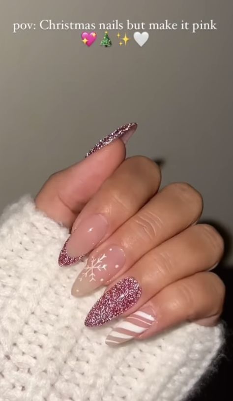 Pink Almond Christmas Nails, Nokti Za Zimu, Funky Nail Designs, Glitter Gel Nails, Simple Gel Nails, Summery Nails, Cute Gel Nails, Acrylic Nails Coffin Short, Pink Acrylic Nails