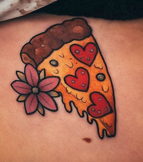 Top 100 Best Pizza Tattoos For Women - Baked Pie Design Ideas Traditional Pizza Tattoo, Cute Food Tattoos, Ice Cream Tattoo, Pizza Tattoo, State Tattoos, Baked Pie, Fruit Kebabs, Food Tattoos, Traditional Tattoo Sleeve