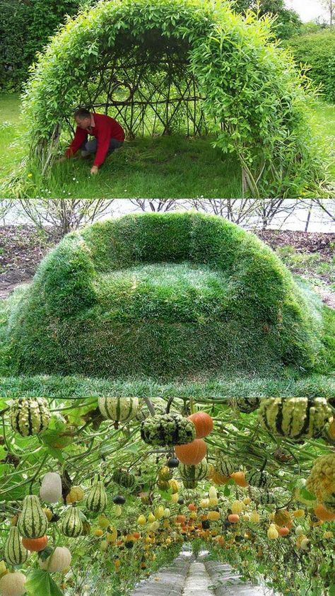 DIY living functional garden decorations & outdoor structures: magical grass sofa, fun bean teepee, beautiful grape & rose arches, willow dome & fence, etc! 12 Totally Amazing Living Structures You Can Make! - A Piece Of Rainbow, gardening tips, homestead, garden design, backyard ideas, trellis, pergola Willow Dome, Garden Tunnel, Bean Teepee, Backyard Planning, Trellis Pergola, Living Structures, Low Maintenance Garden Design, Functional Garden, Decoration Plants