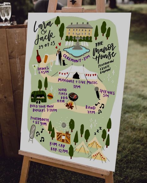 If you are looking for an order of the day sign that is slightly different from the rest, how about one like this? 💚 @beedaviesillustration #weddingsign #weddingplanning #illustratedsign #orderoftheday #weddinginspo #weddinginspiration #weddingideas Order Of The Day Wedding Ideas, Wedding Personal Touches Creative, Wedding Diy Ideas, Order Of The Day Sign, Seating Arrangement Wedding, Order Of The Day Wedding, Wildflower Wedding Theme, Camp Wedding, Wedding Map