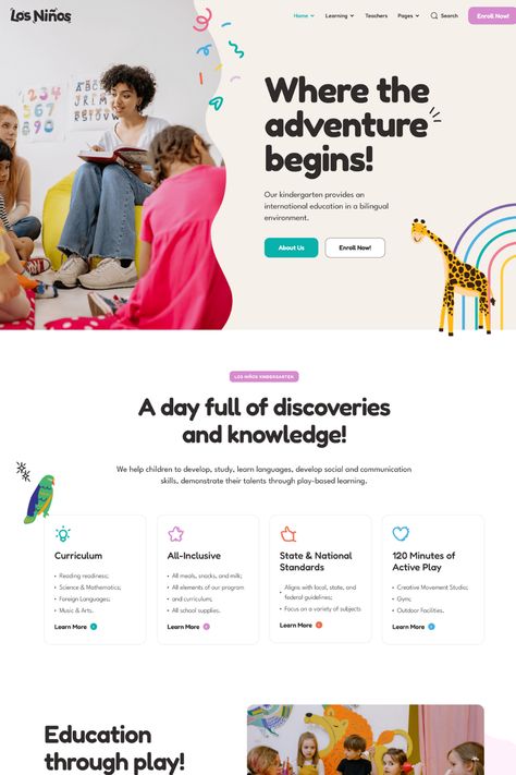 Los Ninos is a vibrant and playful WordPress theme designed for children's education. With its colorful and engaging design, Los Ninos creates a fun and inviting environment that is perfect for young learners. The theme comes with a range of features including course management, teacher profiles, and event calendars, making it easy to manage your school's activities and resources. Childcare Website Design, Kids Website Design Inspiration, Kids Website Design, Playful Website Design, School Web Design, Character Website, Childcare Website, School Website Design, Web Design Courses