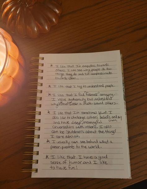 I'm reading a book on ancestral healing and I was tasked with writing at least 10 things I like about myself. I never really think about this but I think it's good to remind ourselves sometimes. I think our society sometimes shames us for this. What do you like about yourself? What Do I Like About Myself, Things I Like About Myself, Writing About Myself, Meaningful Conversations, I Care, Note To Self Quotes, Describe Me, Self Quotes, Empath