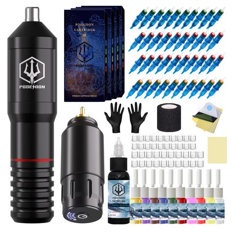 Tattoo Pen Kit - POSEIDON Wireless Tattoo Machine Kit, Tattoo Gun Kit with Tattoo Power Supply and 40 Pcs Tattoo Cartridge Ne Tattoo Transfer Paper, Complete Tattoo, Poseidon Tattoo, Tan Tattoo, Tattoo Pen Machine, Tattoo Machine Kits, Tattoo Process, Beginner Tattoos, Tattoo Power Supply