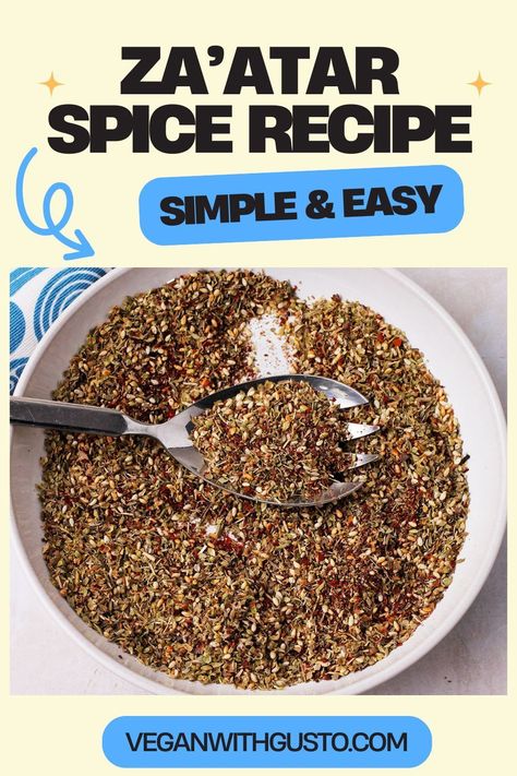 This easy za’atar spice recipe is a traditional aromatic Middle Eastern spice blend of herbs, toasted sesame seeds, sumac, and Aleppo pepper that will transform your cooking. It’s a delicious and handy spice mix for boosting the flavor of recipes like hummus, quinoa and veggies, bread or flatbread, salads and dressings, or adding fresh flavors for outstanding dinners. 6 ingredients, minutes to make, naturally vegan and gluten free – what are you waiting for? Za'atar Recipe, Vegan Pizza Dough Recipe, Vegan Chicken Salad, Shawarma Seasoning, Shawarma Spices, Best Vegan Cheese, Homemade Tahini, Peanut Sauce Recipe, Spice Blends Recipes