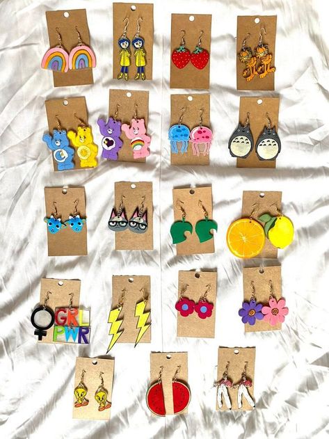 Clay Earrings Diy, Shrinky Dink Earrings, Crazy Earrings, Going To The Movies, Weird Jewelry, Shrinky Dink, Handmade Jewlery, Quirky Earrings, Indie Jewelry