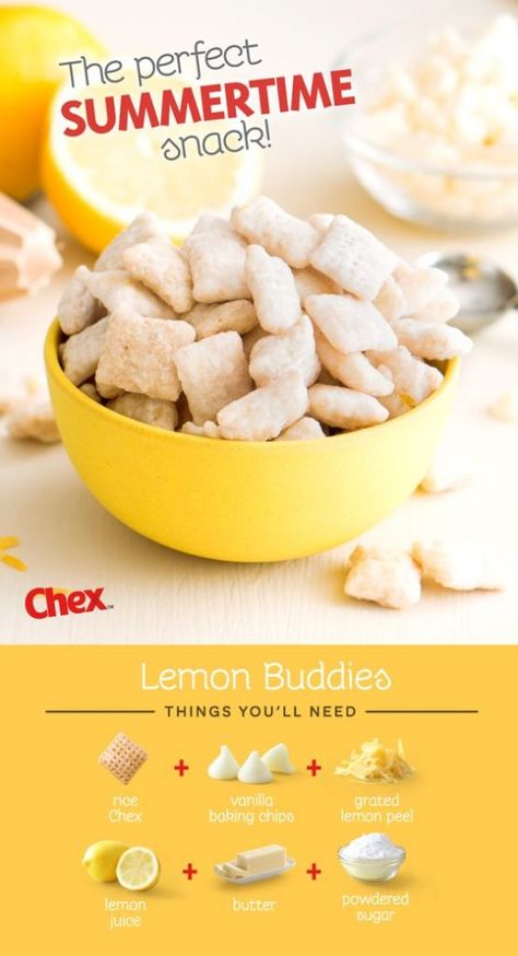 lemon muddy buddies Chex Lemon Buddies, Lemon Buddies, Summertime Snacks, Baking Chips, Rice Chex, Dessert Parfait, Chex Mix Recipes, Muddy Buddies, Dessert Party