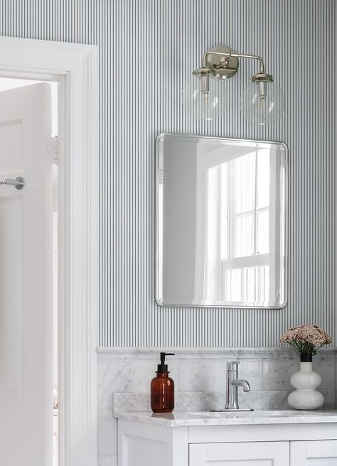 Introducing Erin Gates x A Street Prints – Round 2! | Elements of Style Striped Wallpaper Bathroom, Wallpaper Powder Room, A Street Prints, Erin Gates, Pinstriping Designs, Stripe Wallpaper, Boys Bathroom, Elements Of Style, Stylish Bathroom