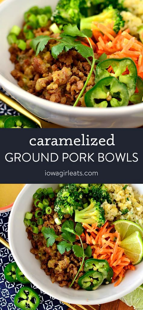 Iowagirleats Recipes, Ground Pork Bowls, Glow Bowls, Pork Bowl Recipe, Meat Bowl, Pork Bowls, Pork Bowl, Vietnamese Style, White Rice Recipes